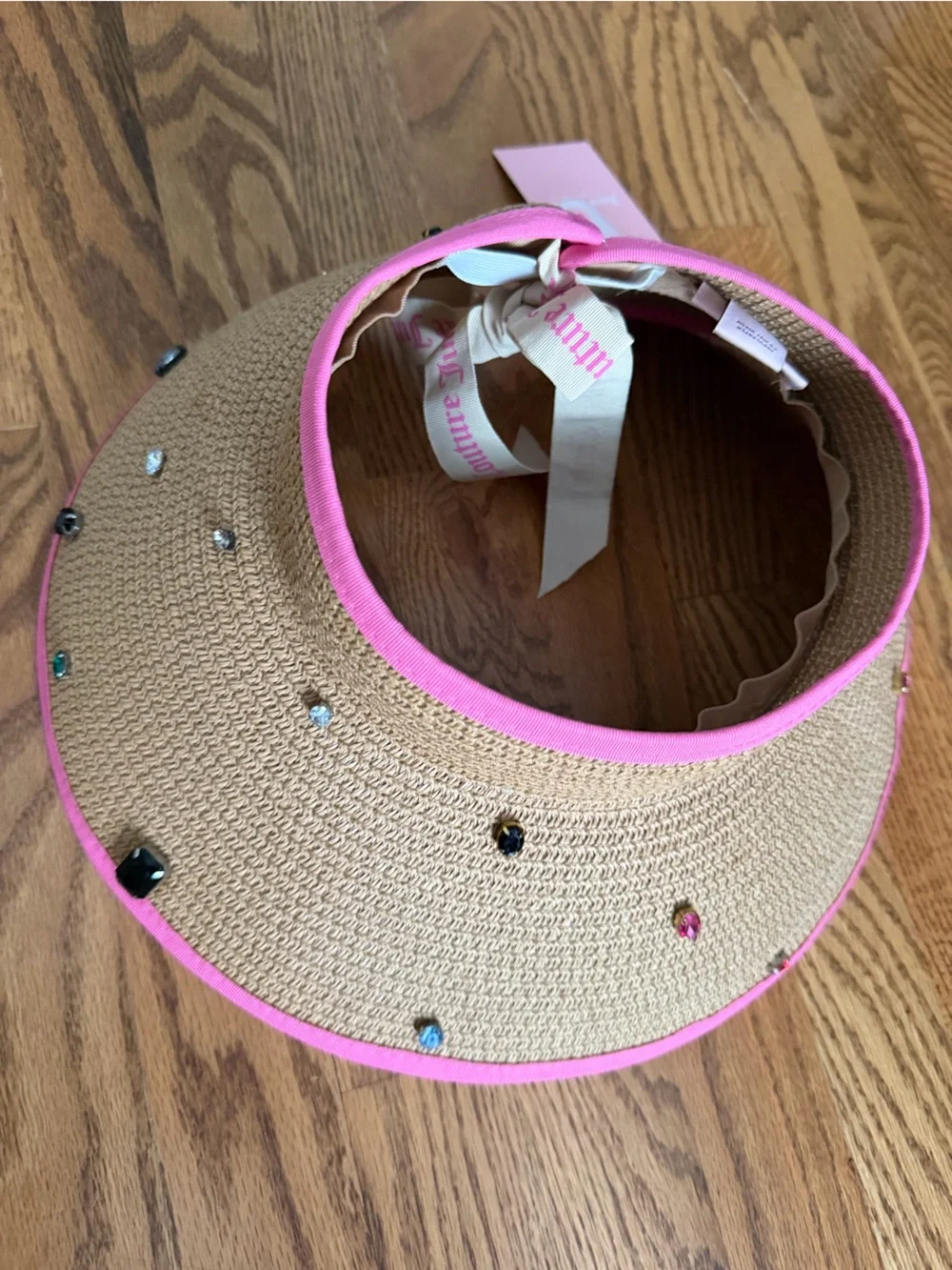 Juicy Couture Straw Visor Straw Sun Hat with Pink Trim and Gems